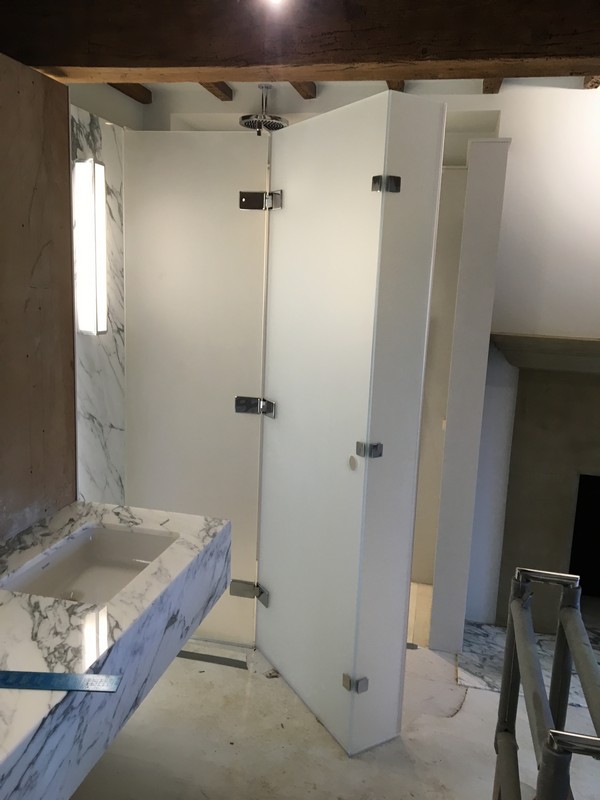 Bespoke frosted glass shower enclosure in Hampton luxury bathroom